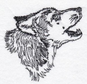 embroidery design of wolf howling done totally in running stitches